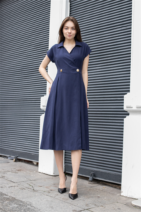 Kadın Modal Diyagonal Kruvaze Anvelop Yakalı Eteği Pili Kaşeli Cepli Midi Boy Diz Altı Elbise-Lacivert