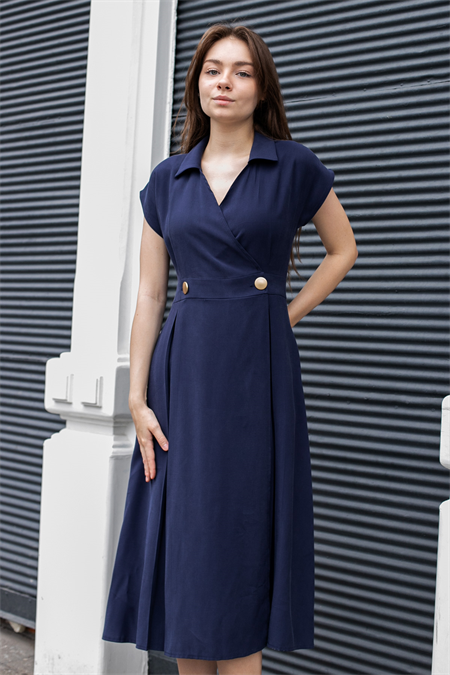 Kadın Modal Diyagonal Kruvaze Anvelop Yakalı Eteği Pili Kaşeli Cepli Midi Boy Diz Altı Elbise-Lacivert