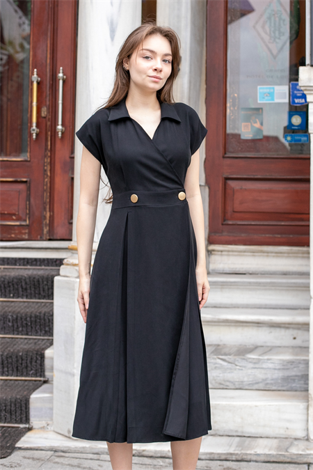 Kadın Modal Diyagonal Kruvaze Anvelop Yakalı Eteği Pili Kaşeli Cepli Midi Boy Diz Altı Elbise-Siyah