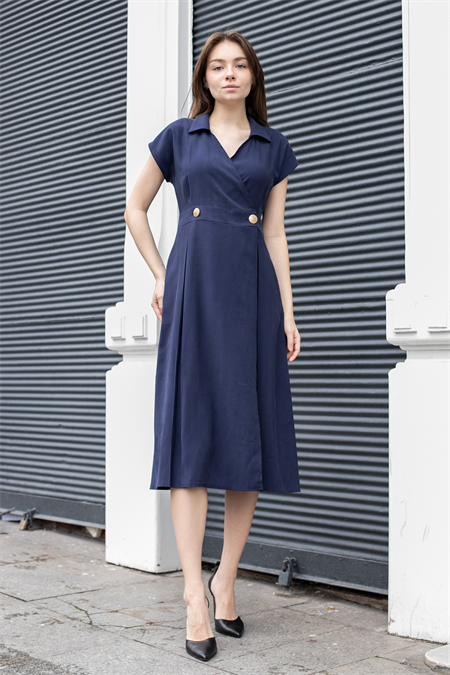 Kadın Modal Diyagonal Kruvaze Anvelop Yakalı Eteği Pili Kaşeli Cepli Midi Boy Diz Altı Elbise-Lacivert