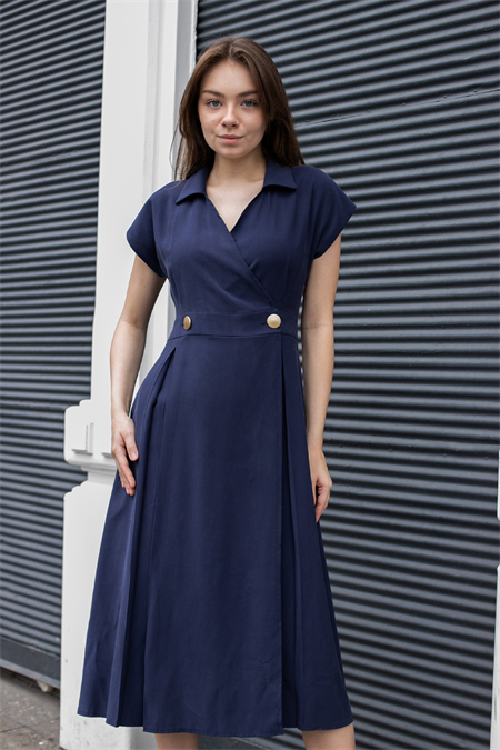 Kadın Modal Diyagonal Kruvaze Anvelop Yakalı Eteği Pili Kaşeli Cepli Midi Boy Diz Altı Elbise-Lacivert