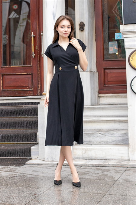 Kadın Modal Diyagonal Kruvaze Anvelop Yakalı Eteği Pili Kaşeli Cepli Midi Boy Diz Altı Elbise-Siyah