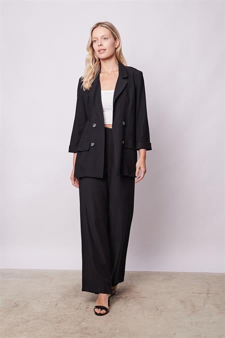 Kadın İpeksi Dokulu Modal Yüksek Bel Yan Cepli Arkası Lastikli Bol Paça Salaş Palazzo Pantolon-Siyah