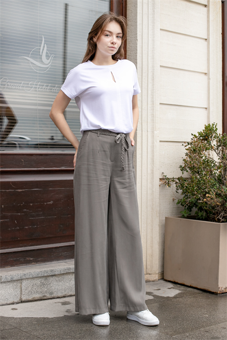 Kadın Modal Diyagonal Kumaş Yüksek Bel Yan Cepli Kemerli Bol Paça Palazzo Pantolon-Antrasit