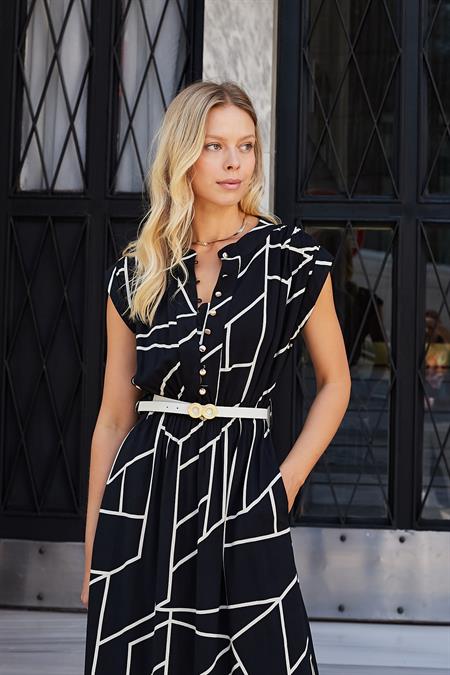 Kadın Yumuşak Dokulu İpeksi Modal Kumaş Hakim Yaka Beli Lastikli Önü Düğmeli Diz Altı Elbise-Siyah Desen