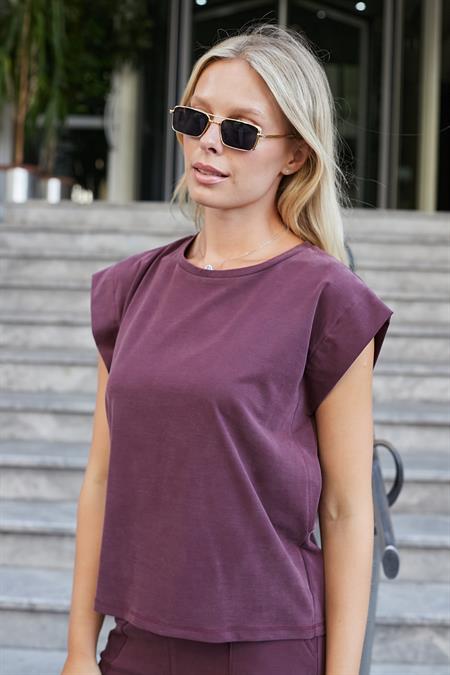 Kadın Modal İpeksi Likralı Kumaş Geniş Sıfır Yaka Düşük Omuzlu T-shirt Bluz-Bordo 