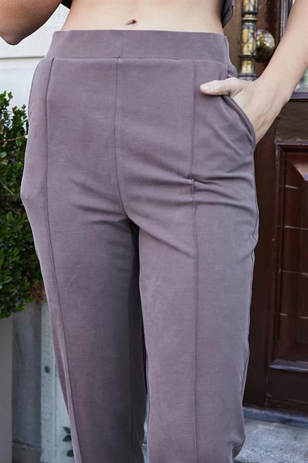 Kadın Modal İpeksi Likralı Kumaş Yüksek Bel Önden Dikişli Cepli Dar Paça Pantolon-Kahve