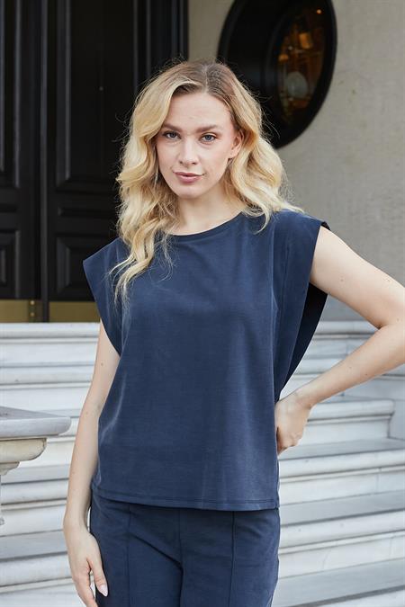 Kadın Modal İpeksi Likralı Kumaş Geniş Sıfır Yaka Düşük Omuzlu T-shirt Bluz-Lacivert 