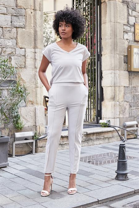 Kadın Modal İpeksi Likralı Kumaş Yüksek Bel Önden Dikişli Cepli Dar Paça Pantolon-Taş