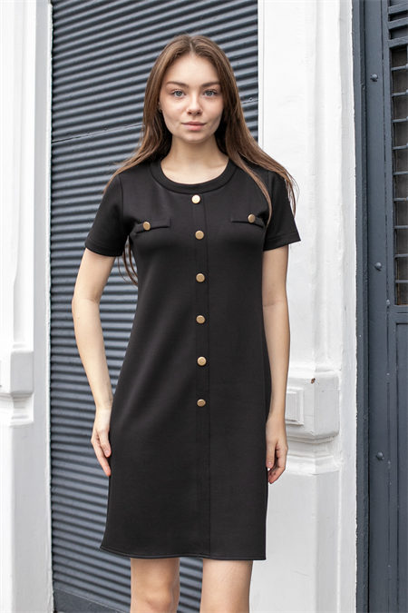 Kadın ;Likralı Modal İpeksi Kumaş Sıfır Yaka Düğmeli Kısa Kollu Diz Üstü Elbise-Siyah