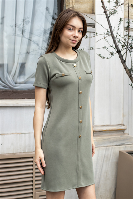 Kadın ;Likralı Modal İpeksi Kumaş Sıfır Yaka Düğmeli Kısa Kollu Diz Üstü Elbise-Haki
