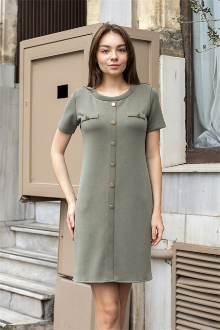 Kadın ;Likralı Modal İpeksi Kumaş Sıfır Yaka Düğmeli Kısa Kollu Diz Üstü Elbise-Haki