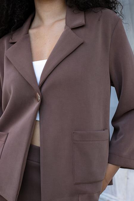 Kadın Modal İpeksi Yakalı Kapri Kollu Cepli Pili Kaşeli Ceket Hırka Ceket -Kahve 