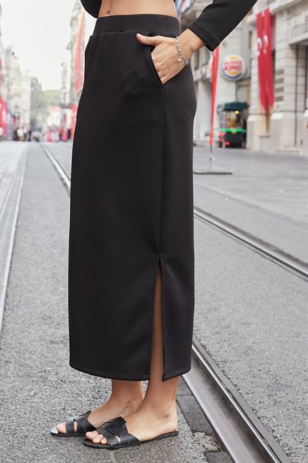 Kadın İpeksi Esnek Modal Kumaş Yüksek Bel Cepli Beli Lastikli Yandan Yırtmaçlı Uzun Etek-Siyah