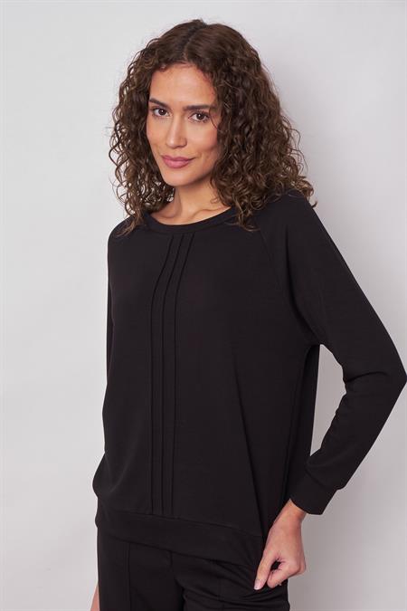 Baharlık Modal Kumaş Kayık Yaka Önü Nervürlü Reglan Kollu Bluz(Pantolon için 49045)-Siyah 