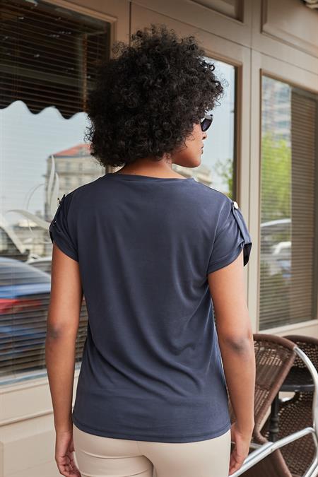 Kadın Modal Penye Geniş Sıfır Yaka Düşük Omuzlu Apoletli Kısa Kol T-shirt Bluz-Lacivert