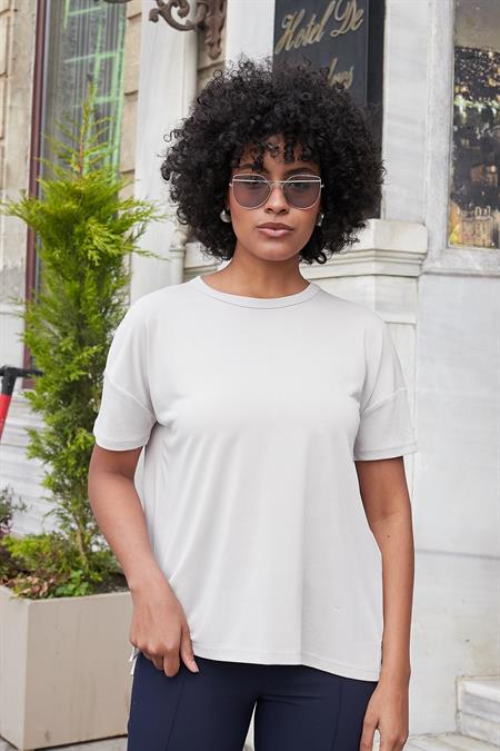 Kadın Modal Penye Geniş Sıfır Yaka Düşük Omuzlu Yanları Yırtmaçlı Bluz-Taş