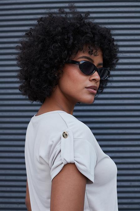 Kadın Modal Penye Geniş Sıfır Yaka Düşük Omuzlu Apoletli Kısa Kol T-shirt Bluz-Taş