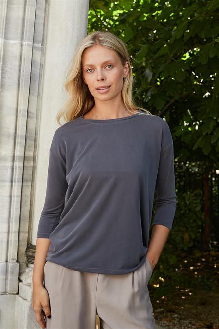 Kadın Kaliteli Modal Esnek Kumaş Geniş Sıfır Yaka Kapri Truvakar Kol Hafif Salaş Bluz-Antrasit