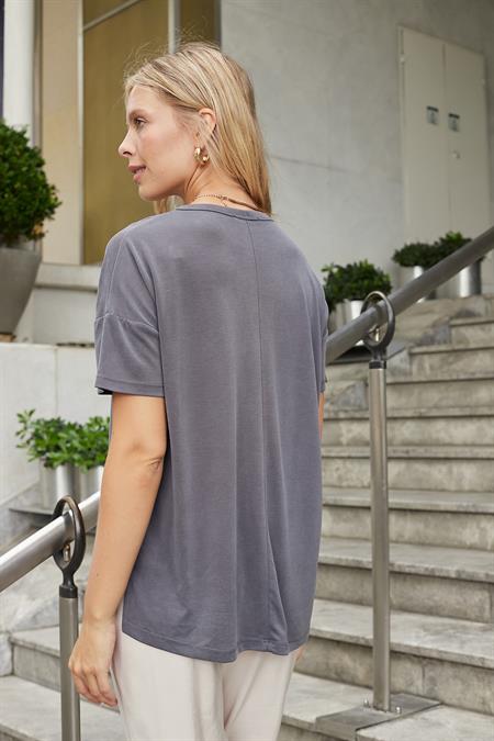 Kadın Modal Penye Geniş Sıfır Yaka Düşük Omuzlu Yanları Yırtmaçlı Bluz -Antrasit 