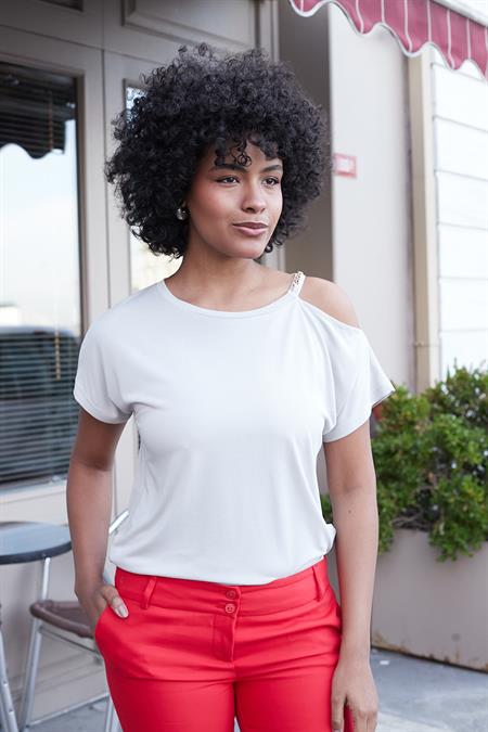 Kadın Modal Penye Geniş Sıfır Yaka Omuzu Dekolteli Aksesuarlı Düşük Omuz Bluz-Taş