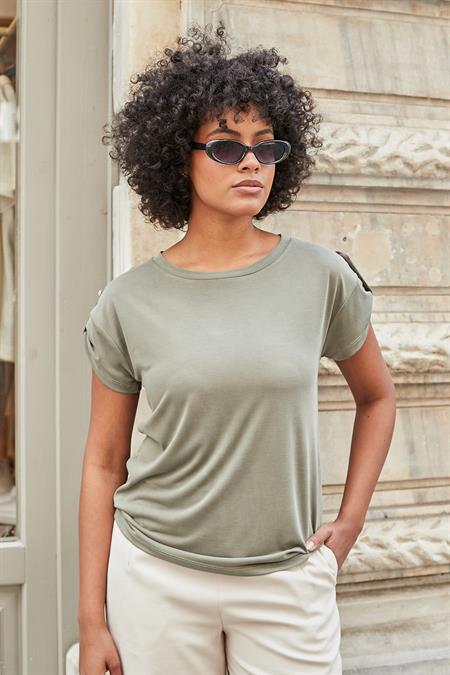 Kadın Modal Penye Geniş Sıfır Yaka Düşük Omuzlu Apoletli Kısa Kol T-shirt Bluz-Haki