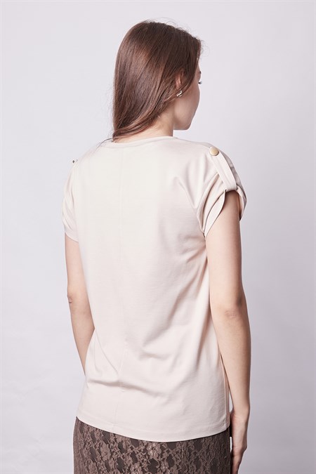 Kadın Modal Penye Geniş Sıfır Yaka Düşük Omuzlu Apoletli Kısa Kol T-shirt Bluz-Bej 