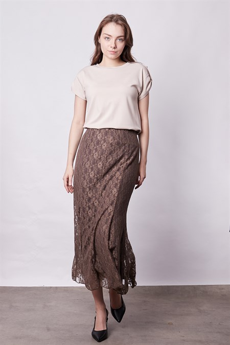 Kadın Modal Penye Geniş Sıfır Yaka Düşük Omuzlu Apoletli Kısa Kol T-shirt Bluz-Bej 