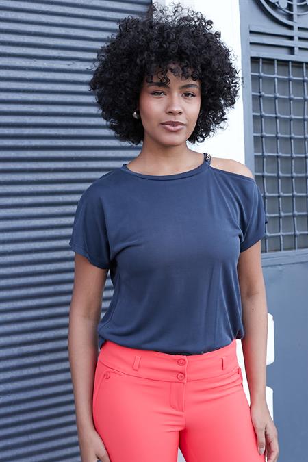 Kadın Modal Penye Geniş Sıfır Yaka Omuzu Dekolteli Aksesuarlı Düşük Omuz Bluz-Lacivert