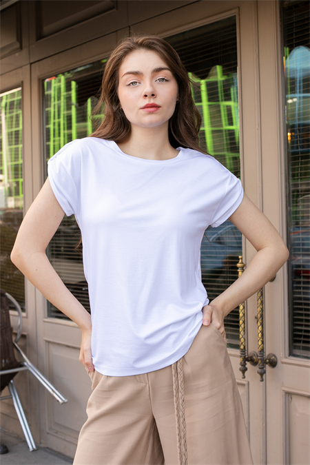 Kadın Modal Penye Geniş Sıfır Yaka Düşük Omuzlu Apoletli Kısa Kol T-shirt Bluz-Beyaz