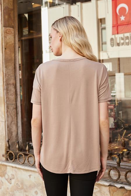 Kadın Modal Penye Geniş Sıfır Yaka Düşük Omuzlu Yanları Yırtmaçlı Bluz -Camel