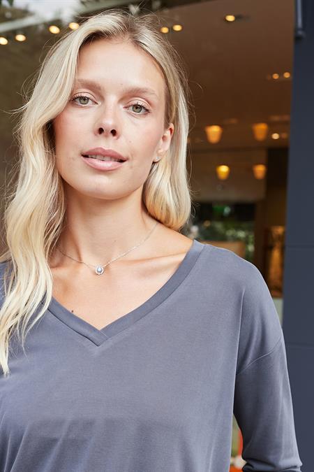 Kadın Kaliteli Modal Esnek Kumaş V Yaka Düşük omuzlu Kapri Truvakar Kol Hafif Salaş Bluz-Antrasit