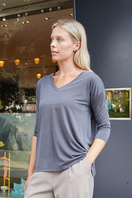 Kadın Kaliteli Modal Esnek Kumaş V Yaka Düşük omuzlu Kapri Truvakar Kol Hafif Salaş Bluz-Antrasit