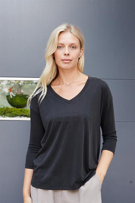 Kadın Kaliteli Modal Esnek Kumaş V Yaka Düşük omuzlu Kapri Truvakar Kol Hafif Salaş Bluz-Siyah