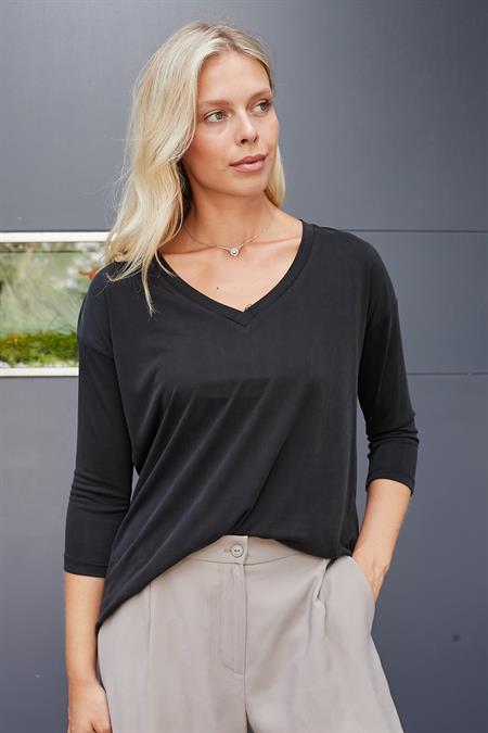 Kadın Kaliteli Modal Esnek Kumaş V Yaka Düşük omuzlu Kapri Truvakar Kol Hafif Salaş Bluz-Siyah
