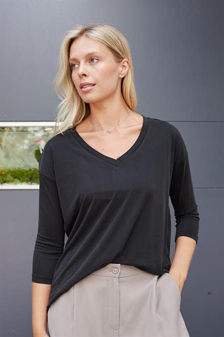 Kadın Kaliteli Modal Esnek Kumaş V Yaka Düşük omuzlu Kapri Truvakar Kol Hafif Salaş Bluz-Siyah