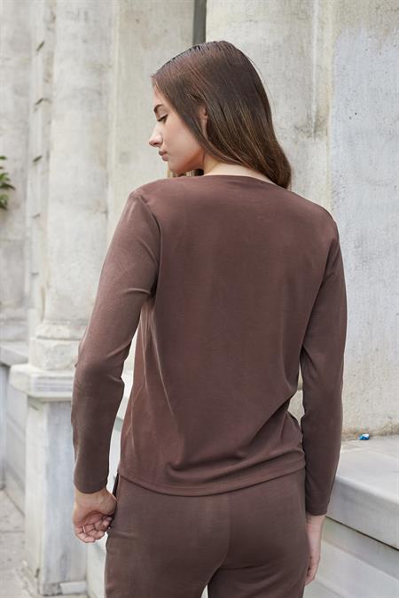 Kadın Esnek İpeksi Modal Kumaş V Yaka Uzun Kol Düğmeli Ceket-Kahve