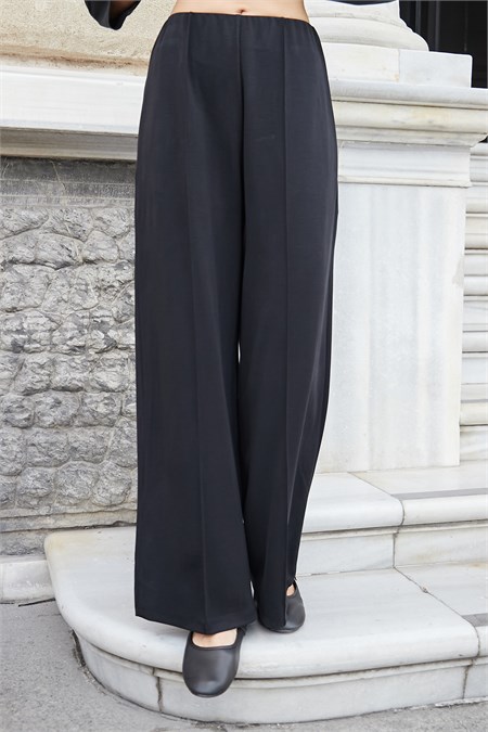 Kadın Modal Scuba Yüksek Bel Cepli Bol Paça Pantolon-Siyah 