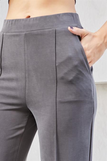 Kadın İpeksi Modal Esnek Kumaş Yüksek Bel Önden Dikişli Yan Cepli Bol Paça Palazzo Pantolon-Antrasit