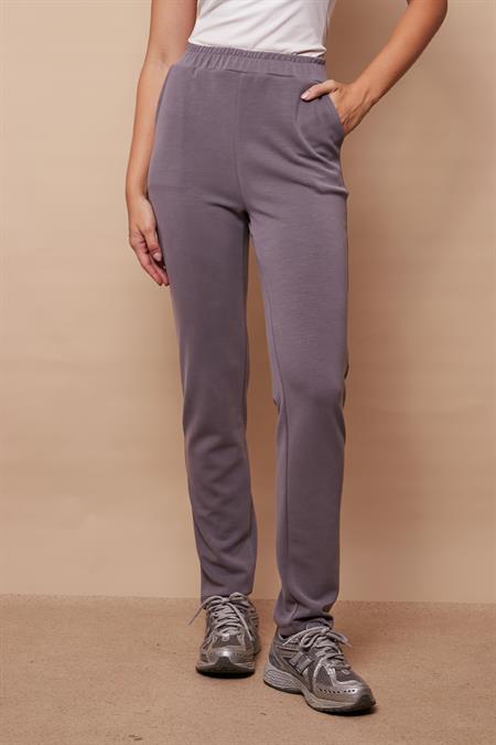 Kadın Modal Yüksek Bel Beli Lastikli Yan Cepli Dar Paça Yürüyüş Pantolonu-Koyu Gri 