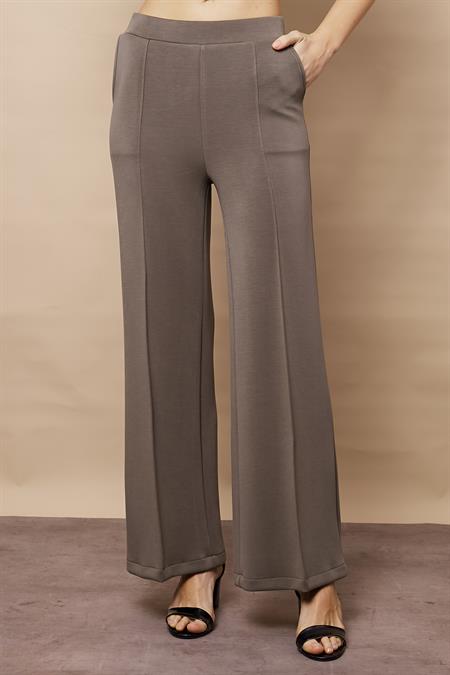 Kadın 1.Sınıf Kaliteli Modal Esnek Kumaş Yüksek Bel Önden Dikişli Yan Cepli Bol Paça Palazzo Pantolon-Haki