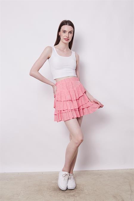 Yazlık Kumaş Fırfırlı Diz Üstü Mykonos Etek-Mercan