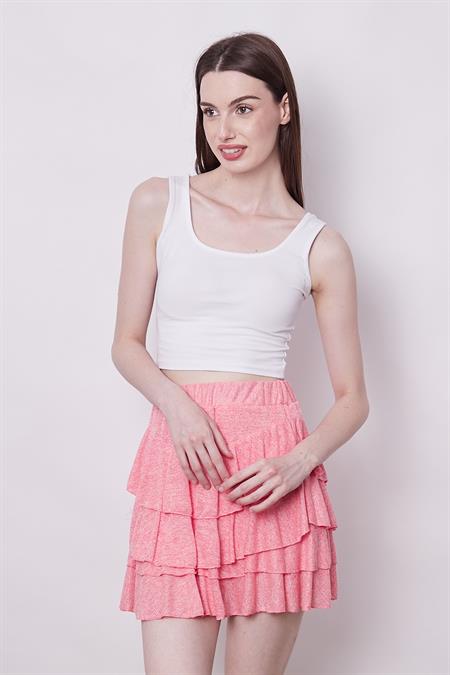 Yazlık Kumaş Fırfırlı Diz Üstü Mykonos Etek-Mercan