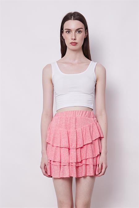 Yazlık Kumaş Fırfırlı Diz Üstü Mykonos Etek-Mercan