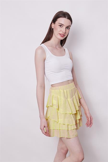 Yazlık Kumaş Fırfırlı Diz Üstü Mykonos Etek-Sarı