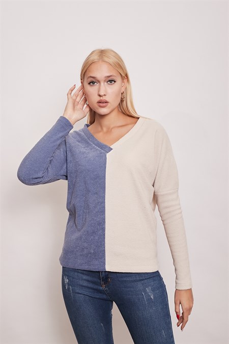 Polar Havlu V Yaka Çift Renkli Uzun Kol Sweat-İndigo Krem 
