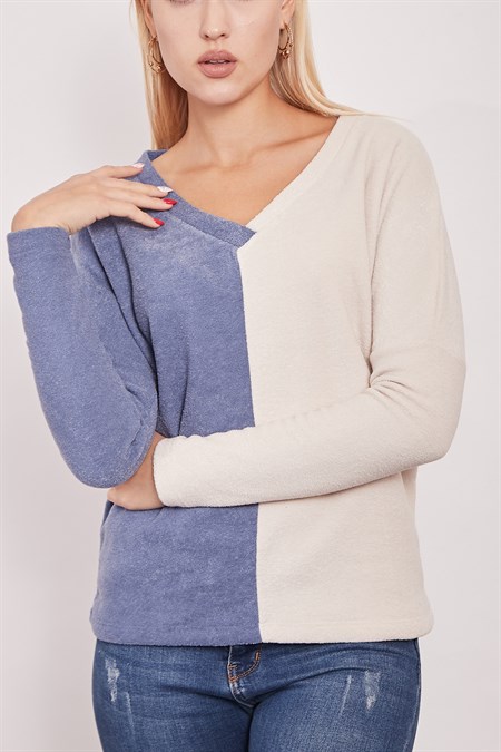 Polar Havlu V Yaka Çift Renkli Uzun Kol Sweat-İndigo Krem 