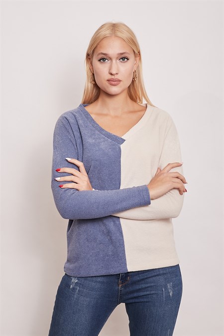 Polar Havlu V Yaka Çift Renkli Uzun Kol Sweat-İndigo Krem 