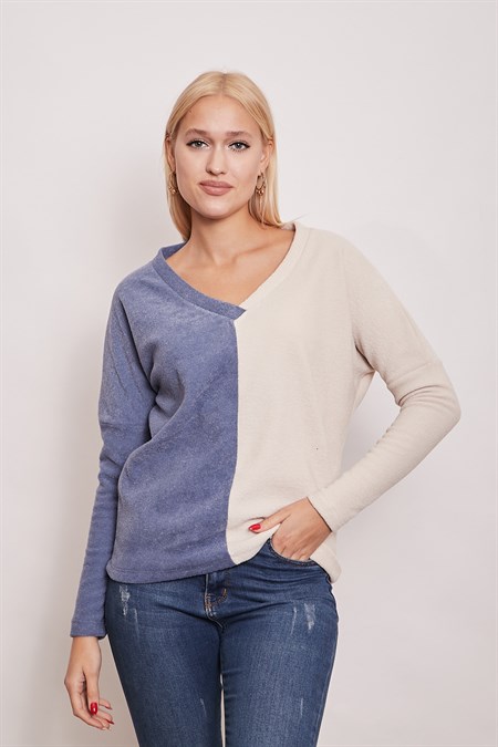 Polar Havlu V Yaka Çift Renkli Uzun Kol Sweat-İndigo Krem 