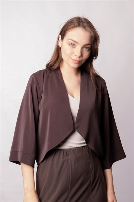 Kadın Şal Yaka Arkası Lastikli Capri Kol Hırka Ceket -Kahve 